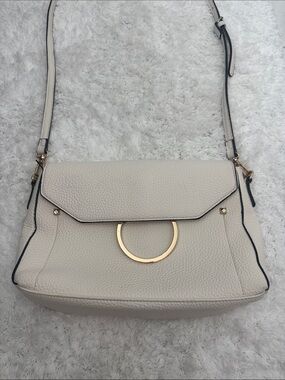 Cream Pebbled Leather Crossbody Bag with Gold Ring Detail